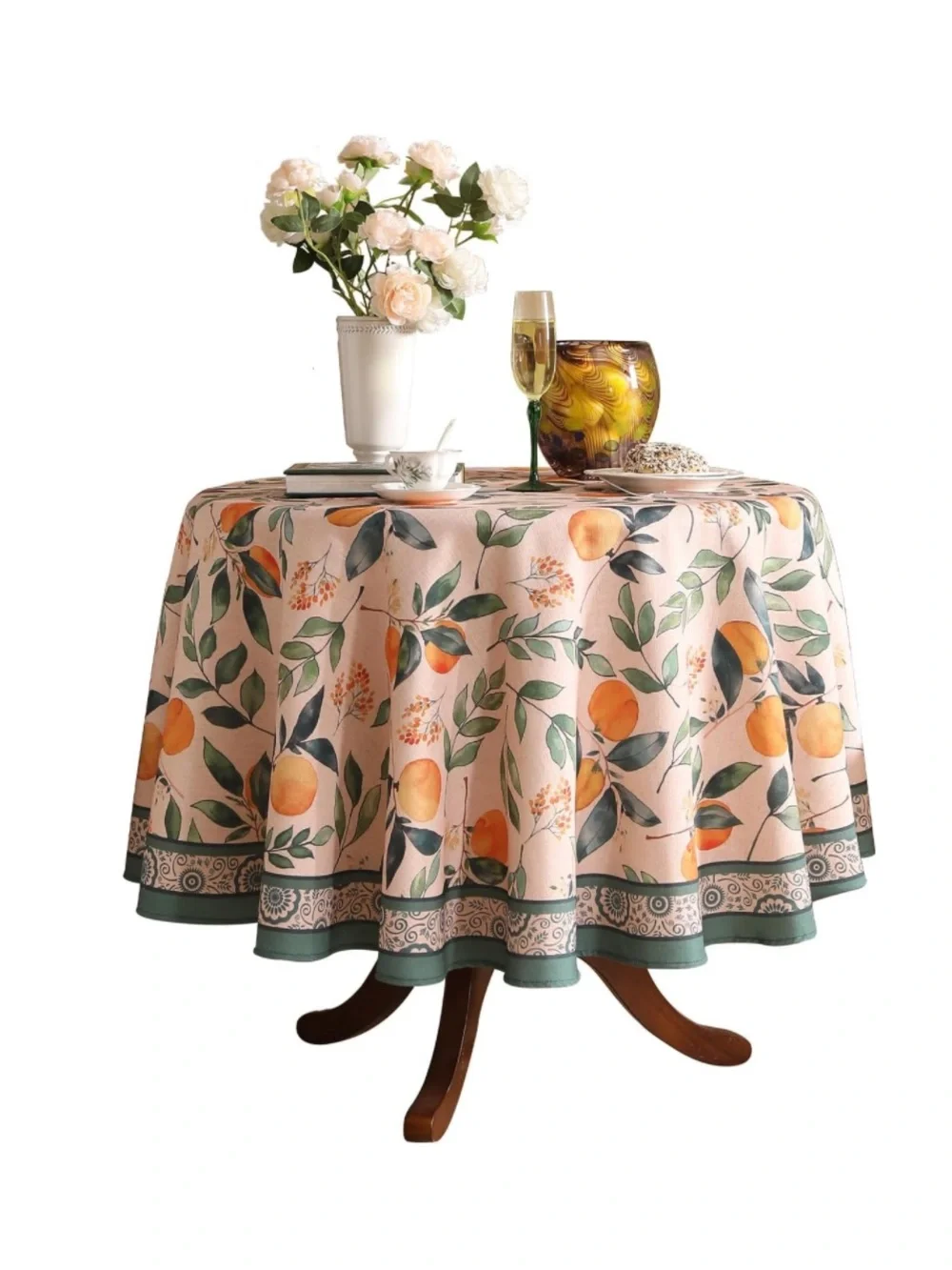 Orange Floral Tablecloth French Linen - 55” Round